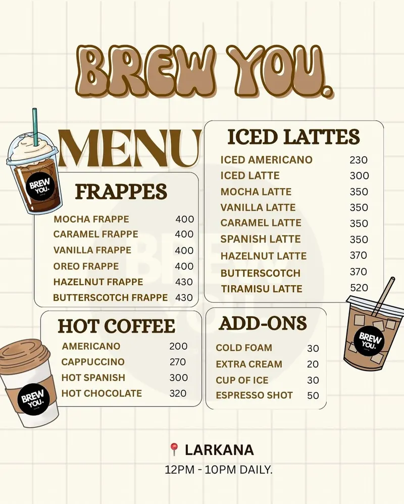 The Brew You. menu board